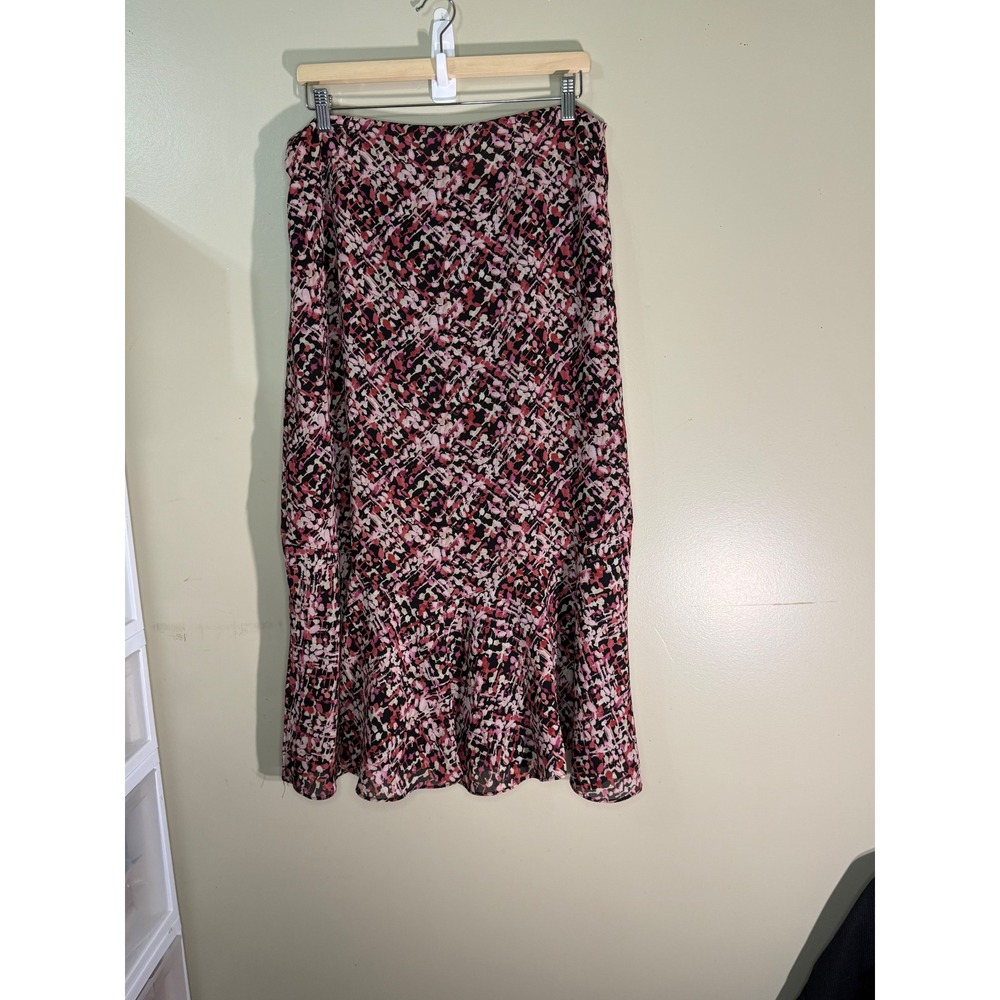 Emma James Liz Claiborne Pink Black Abstract Print Midi Skirt Size 12 Ruffle Hem